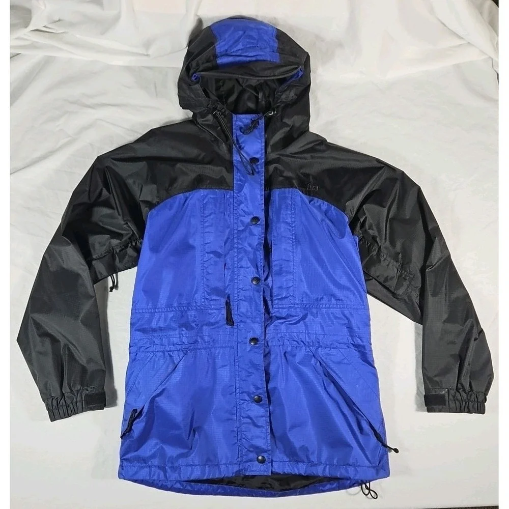 Vintage REI GoreTex Jacket Women M Blue Black Waterproof Hooded Rip Stop Zip Pit